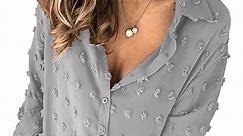 SHEWIN Womens Button Down Loose Shirts Long Sleeve Solid Color Swiss Dot Chiffon Tops Gray XL (16-18)