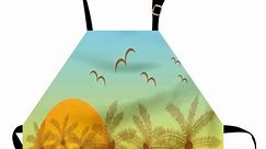 Landscape Apron, Digitally Generated Art Summer Islands Art Palm Trees Birds Illustration, Unisex Kitchen Bib with Adjustable Neck for Cooking Gardening, Adult Size, Seafoam and Orange, by Ambesonne