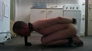 slave handcuffed and on his knees sucking on a dildo