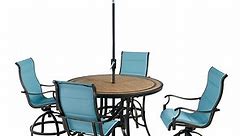 Hanover Monaco 5-Piece Outdoor High Dining Patio Set, 4 Counter-Height Padded Sling Swivel Chairs, 56" Round Tile Table, 9' Umbrella, and Umbrella Base, Bronze Finish, Rust-Resistant, All-Weather