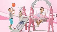 Kinsuite Toddler Swing Slide Set - 5-in-1 Toddler Swing for Indoor & Outdoor, Portable Baby Slide Toy with Basketball Hoop, Climber, Music Box for Rooms Backyard, Pink