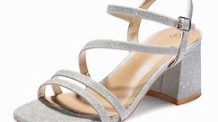 Pennysue Women's Low Chunky Heel Sandals Silver Strappy Open Toe Dress Shoes Size 9
