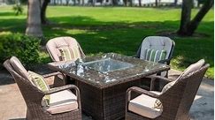 Abrihome Outdoor 5-Piece Dark Brown Wicker Dining Set with Square Rattan Gas Fire Pit Table - Bed Bath & Beyond - 29744797