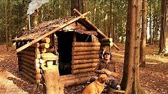 Building A Log Cabin in 5 Days with handtools- Off Grid Bushcraft In A Woodland - Wood Stove - Bed - Chair.