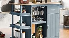 Kitchen Island Cart with Rubber Wood Top, Rolling Mobile Kitchen Island on 5 Wheels with Side Storage Shelves, Wine Rack, Wine Cup Holder, Kitchen Storage Island with Adjustable Shelves, Grey Blue