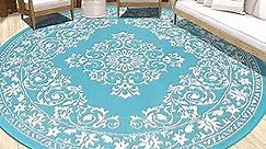 HEBE 8Ft Round Outdoor Rug for Patios Clearance Waterproof Patio Mat Reversible Plastic Camping Rugs Doormats Circle Outside Area Rug Carpet for RV, Camper,Porch,Deck,Balcony,Backyard