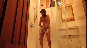 Bathroom shower time, gay guy jacking off and cumming