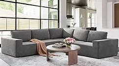 DEINPPA Sectional Sofa, Minimalist Style Modular Sectional Sofa, Luxury Terry Cloth Fabric Cloud Couch with Movable Ottoman, Sleeper Sofa Bed for Living Room, No Assembly Require-Grey