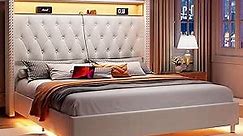 Jocisland King Size Bed Frame with Led Lights Charging Station Velvet Upholstered Platform Bed Frame with Headboard Motion Activated Night Light, No Box Spring Needed, Cream