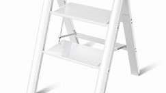 Culaccino 2 Step Ladder Folding Stool Aluminium Non-Slip Wide Pedal Portable Storage Shelf Rack Adults Stools Home Kitchen Lightweight White Ladders