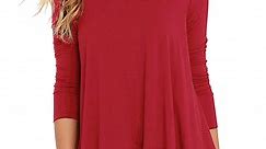 JWD Women's Tops Long Sleeve Lace Trim O-Neck A Line Tunic Blouse Red-Large