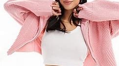 ASOS DESIGN Petite knitted zip through hoodie in pink | ASOS