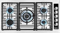 36 In Gas Cooktop Stainless Steel White LED knobs, 270 degree valve, Pot rack, 5 Italy SABAF Sealed Burners counter-Top Cooker, Cast Iron Grate, Built-In Hob, Flame Failure Protection, NG/LPG