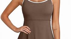 Dearlove Women's One Piece Swimsuits Modest Swim Dress 2024 Fashion Ribbed One Piece Bathing Suits with Pockets Brown US 16-18