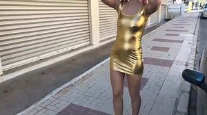 Iviroses golden shiny minidress public show liveporn video