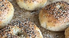 Homemade Bagels! Recipe adapted from @sallysbakingaddiction__ - 1 1/2 cups warm water - 2 3/4 tsp instant or active dry yeast - 4 cups bread flour - 1 tbsp granulated sugar - 2 tsp salt - nonstick spray - egg wash: 1 egg beaten with 1 tbsp water For Boiling - 2 quarts water Whisk the warm water and yeast together in the bowl of your stand mixer with dough hook attachment. Cover and allow to sit for 5 minutes Add the flour, sugar, and salt. Beat on low for 2 minutes. The dough is very stiff and w