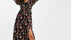 Hollister chiffon half sleeve midi dress in black floral print  | ASOS