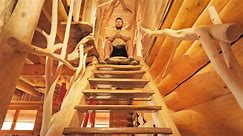 Nearly Completed Stairs — Off Grid Log Cabin Structure