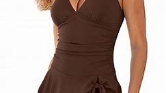 Eytino Swimsuit Women Ribbed One Piece Swimdress Swimsuits for Women Tummy Control Tie Knot Swim Skirt V Neck Bathing Suit Brown L