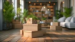 Modern Home Relocation Scene, Stacked moving boxes in a contemporary living room reflect a fresh start, with sunlight bathing the new space in warmth and houseplants adding life.