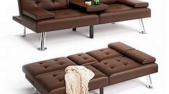 Linsy Home Convertible Upholstered Faux Leather Futon Couch, Tan