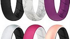 ROQ Silicone Rings for Women, Breathable Silicone Rings, Sets of 6 Bands, Unique Silicone Wedding Ring for Women, Medical Grade Silicone Rubber Band - Black, Purple, White, Pink Colors - Size 6