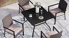 MFSTUDIO 5-Piece Patio Dining Set,Outdoor Dining Furniture with Square Metal Table and 4 Rattan Wicker Chairs with Cushions,1.57" Umbrella Hole