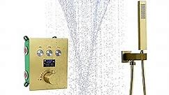 Thermostatic Luxury Rainfall Shower System Fixtures Set 14 X 20 Inch LED Ceiling Rain Shower Head With Hand Shower (Brushed Gold)