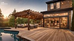 Back yard house exterior with spacious wooden deck with patio area and attached pergola