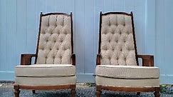 Pair Hollywood Regency Henredon Newly Upholstered Chairs. Take a close look at the reupholstery! I love the just right amount of carving on the sides! Gorgeous! $595/pr. #thevintagechair #henredon #hollywoodregency | The Vintage Chair