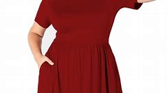 POSESHE Women's Plus Size Summer Dress, Short Sleeve Round-Neck Short Party Dress with Pockets