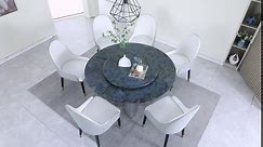 Modern Marble Dining Table Set - Round Dining Table with 28MM Blue-Jade Tabletop and Silver Mirrored Stainless Steel Base, 53" Round Dining Room Table Set for 6