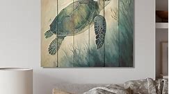 Designart 'Watercolor Turtle Swimming III' Animals Turtle Wood Wall Art - Natural Pine Wood - Bed Bath & Beyond - 37880531