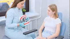 A dental professional educates a young woman on proper oral hygiene using a model set of teeth