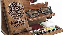Personalized Military Retirement Gifts For Men, Women - Wood Phone Docking Station, Nightstand Organizer, Navy Military Gifts, Army Retirement Gifts for Men, Gifts for Army Moms