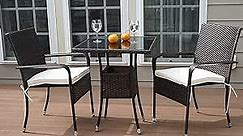 Outdoor Small Patio Table and Chairs Deck Furniture Set for 2, Wicker Glass Cafe & Dining Table Set for Bistro Balcony Lawn