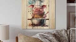 Designart 'Cute Pig With Chef Hat III' Animals Pig Wood Wall Art - Natural Pine Wood - Bed Bath & Beyond - 37869913