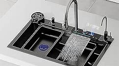 Premium 32 * 17.7 in Waterfall Sink - Drop In Workstation, 304 Stainless Steel Smart Sink Black Kitchen Sink, Nano Coating, Experience the Perfect blend of Aesthetics, Durability, Versatility