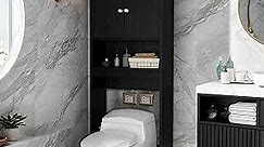 Over The Toilet Storage - Wood Over Toilet Bathroom Cabinet with Adjustable Shelf and Double Doors, Bathroom Space Saver Organizer, Taller Free Standing Toilet Rack, Black