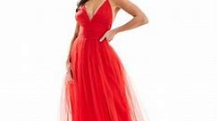 Lace & Beads Petite cross back tulle maxi dress in red | ASOS