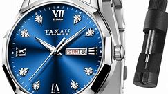 TAXAU Business Blue Dial Mens Watches Sliver Stainless Steel Watches For Men With Day Date Mens Diamond Watches Analog Quartz Men Wrist Watches Waterproof Watches Roman Numerals Watches