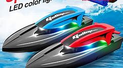 RC Boat for Pools and Lakes, 20km / h Fast, Byseng Remote Control Boat with LED Light, 2.4Ghz Self-Righting Racing Boats, Toys for Kids and Adults - Blue