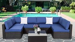 Kinbor 7Pcs Outdoor Furniture Set Wicker Sectional Sofa Patio Conversation Sofa Set Dark Blue Cushion