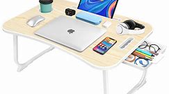 Livhil Foldable Lap Desk, Portable Laptop Desk Table with Storage Drawer and Cup Holder, Lap Table Beds Tray for Reading, Writing, Working, Eating -White Maple