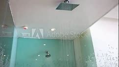 View of a luxurious hotel shower room featuring a large ceiling-mounted rainfall shower head, additional wall-mounted shower head, recessed spotlights and transparent glass enclosure.