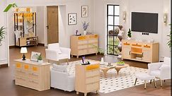 Dresser for Bedroom with LED Light,Rattan 7 Drawer Dresser with Charging Station,Dressers & Chests of Drawers,Wooden Long Dresser for Bedroom,Hallway, Entryway