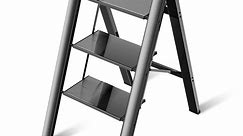 Culaccino 3 Step Ladder Aluminum Lightweight Folding Step Stool Wide Non-Slip Pedal 330 Lbs Capacity Household Portable Black Ladders