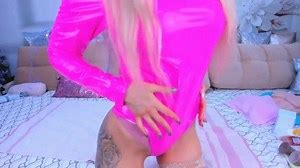 Hot Blonde Girl Masturbate in Pink Latex Outfit