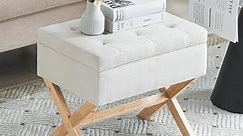 Furniliving Contemporary Button Tufted Storage Ottoman, Linen Vanity Stool, Foot Rest Stool with X Legs, Ottoman Bench for Living Room, Bedroom, Makeup Room, Beige