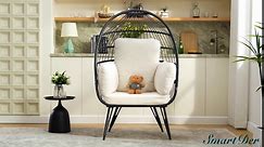 Wicker Egg Chair Outdoor, Oversized Rattan Chair Indoor with Solid Stand, Comfy Patio Basket Chair with Soft Cushions, Modern Lounge Chair with a Cute Toy for Outside Patio, Balcony, Grey